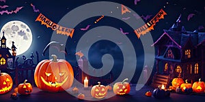 Halloween night pumpkins with dark castle background,Generative AI