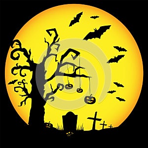 Halloween night, scary tree with pumpkins, bats and graves on the moon background. Vector illustration.