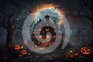 Halloween Night Scene Background with Castle in the Middle, Pumpkin, Bats and Big Full Moon