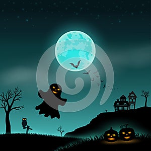 Halloween night scene background with haunted house,scary pumpkin and ghost on full moon night