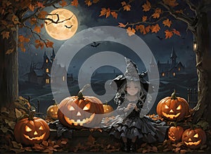 Halloween night scene with cute witch, bats, jack-o-lantern pumpkins, and houses under the moonlight