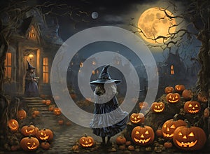 Halloween night scene with cute witch, bats, jack-o-lantern pumpkins, and houses under the moonlight