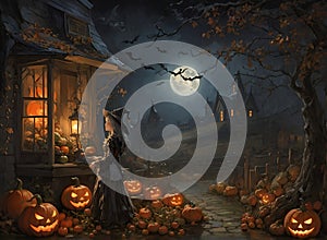 Halloween night scene with cute witch, bats, jack-o-lantern pumpkins, and houses under the moonlight