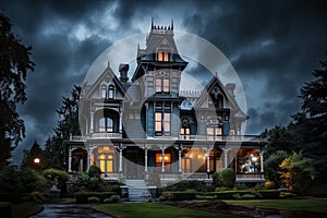 Halloween night scene with haunted old house. Horror Halloween concept, AI Generated