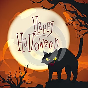 Halloween night scene with mad cat on spooky background, Vector Illustration