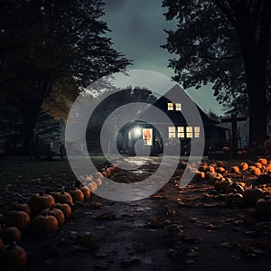 Halloween night scene with pumpkins in front of a haunted house