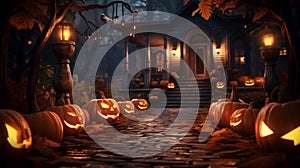 Halloween night spooky house decorated with spooky jack o\'lantern carved pumkins with glowing candles inside, for trick or