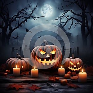 Halloween Night: Spooky Jack-O'-Lanterns, Moonlit Forest, and Graveyard Backdrop