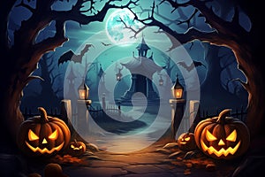 Halloween Night: Spooky Jack-O'-Lanterns, Moonlit Forest, and Graveyard Backdrop
