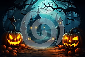 Halloween Night: Spooky Jack-O'-Lanterns, Moonlit Forest, and Graveyard Backdrop