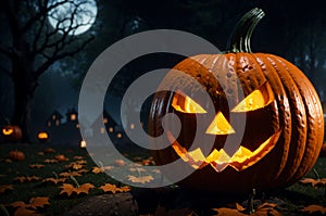 Halloween night with spooky orange jack-o-lantern and haunted house background
