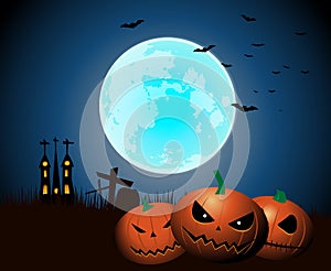 Halloween night with spooky pumpkins under moonlight