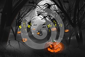 Halloween night terrifying pumpkins,tombstones and cemetery spooky scary,ghost and witch flying in air,moon and sky background ,