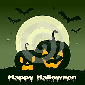 Halloween Night - Two Pumpkins and Bats