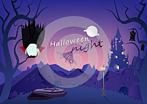 Halloween night, vampire and bats sleeping in graveyard, dark forest and mountain wasteland cartoon character, fantasy castle,