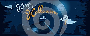 Halloween night  Vector background with ghosts, haunted house and full moon. Flyer or invitation template for party.