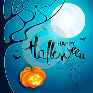 Halloween night. Vector lettering Happy Halloween with web, spider and bats on blue Moon background with pumpkin. Vector