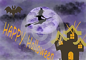 halloween night with witch flying on her broom black cat and bat