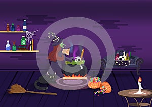 Halloween night, witch magic cooking, interior room, cartoon character, greeting card background vector