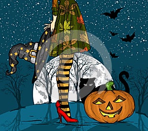 Halloween night. Witch with wizard hat in hand, black cat and pumpkin, big moon on background