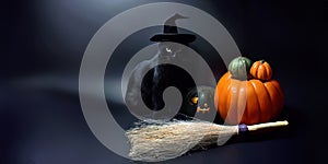 Halloween objects dark background, Witch hat, jack o lantern pumpkins, broomstick and black cat with copy space, Ai generated