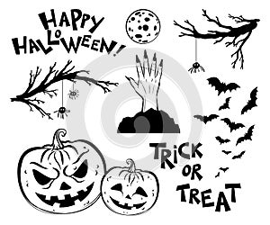 Halloween objects. Scary tree twigs, bats and pumpkin lanterns