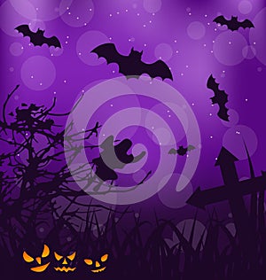 Halloween ominous background with pumpkins, bats,