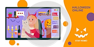 Halloween online party banner. Young woman using video conference service for collective holiday virtual celebration. photo