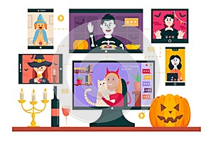 Halloween online party. People using video conference service for collective holiday virtual celebration. photo
