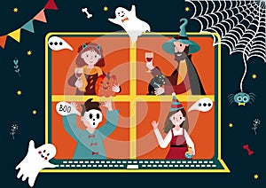 Halloween online party. Virtual meet group to celebrate festival. People in horror costume have video conference from photo