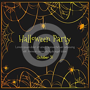 halloween orange black background with torn spider webs and hanging spiders. Halloween party celebration card design, banner or