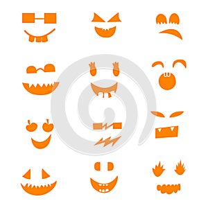 Halloween orange face pumpkin on isolated white background. Weird funny face design, scary face of a pumpkin ghost.