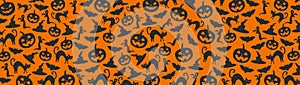 Halloween orange festive seamless pattern. Endless background with pumpkins, skulls, bats, spiders, ghosts, bones