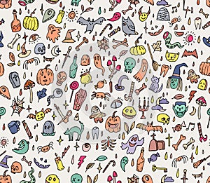 Halloween orange festive seamless pattern. Endless background with pumpkins, skulls, bats, spiders, ghosts, bones