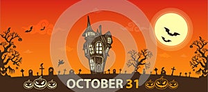 Halloween orange poster. pumpkins and cemetery