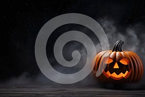 Halloween pumpkin with a scary smiling luminous face with copy space on a fog smoke dark background