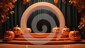 Halloween orange theme product display podium. Stage Showcase on pedestal orange with pumpkin for Advertising promo and discount.