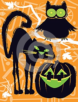 Halloween Owl, Cat and Jack o Lantern