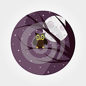 Halloween. Owl with large eyes sitting on a branch against a full moon and starry night sky