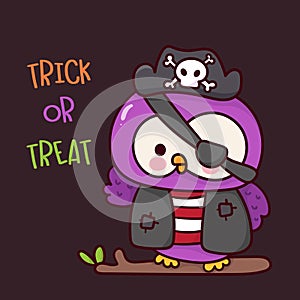 Halloween owl pirate costume Cute animal cartoon character(Kawaii vector). Trick or treat kids.