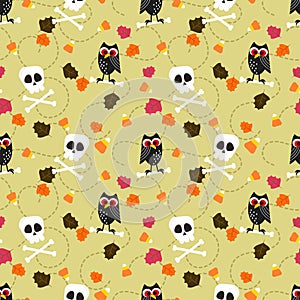 Halloween Owl and Skeleton Seamless Pattern