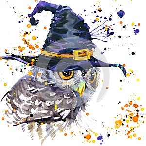 Halloween owl and witch hat. Watercolor illustration background