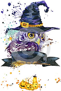 Halloween owl and witch hat. Watercolor illustration background