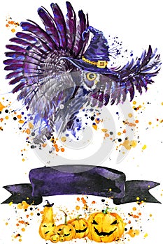 Halloween owl and witch hat. Watercolor illustration background for the holiday Halloween. watercolor splash texture background.