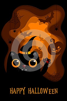 Halloween paper cut background with pumpkin, black cat and spiders.