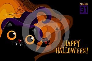 Halloween paper cut background with pumpkin, black cat and spiders. Paper art carving style. Greeting card, flyer