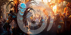 Halloween parade with floats, dancers, and performers dressed in elaborate and creative costumes. Generative Ai