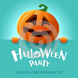 Halloween Party. 3D illustration of cute Jack O Lantern orange pumpkin character with big greeting signboard on teal background