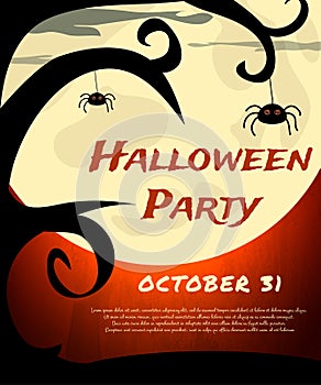 Halloween Party background with creepy tree, spiders and moon