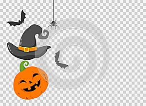 Halloween party background with happy pumpkin wears witches hat smiling with bats,spider isolated on png or transparent,blank